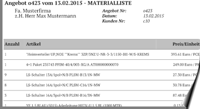 Erstellung einer Materialliste aus allen Artikeln eines Angebots oder Auftrags