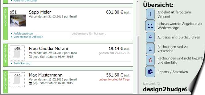 Das System gibt Ihnen jederzeit eine Übersicht über unbeantwortete Angebote, durchzuführende Aufträge, nicht bezahlte Rechnungen, ... 